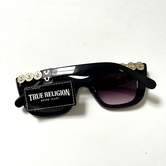 NWT True Religion Cat Eye Sunglasses Black Gold Logo Studs Rhinestone Gradient - Picture 6 of 7